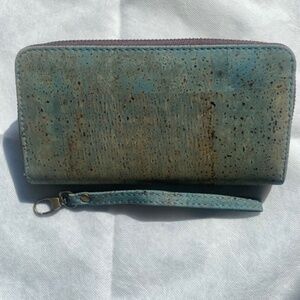 Fall colored Teal & Muted Brown Cork, Natural Fiber Wallet with Wristlet